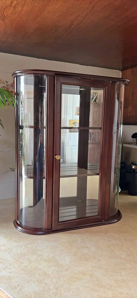 Dark Wood Curved Glass Wall Display Cabinet