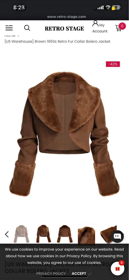 🥕 1950s Retro Brown Bolero Jacket with Fur Collar