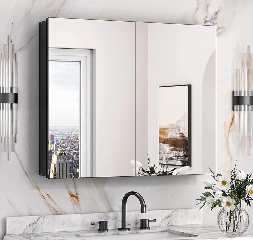 Brand New Keonjinn 30×26″ Black Mirrored Medicine Cabinet