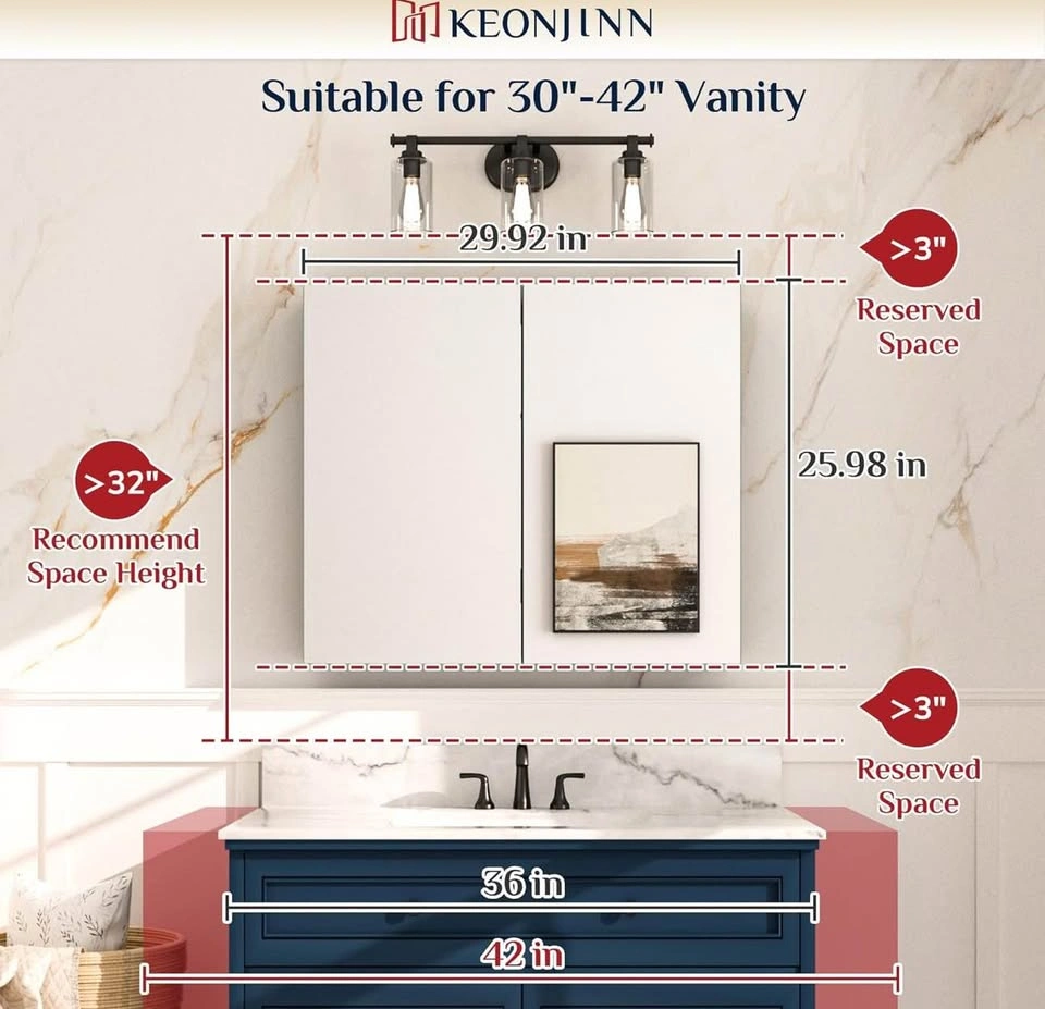 Brand New Keonjinn 30×26″ Black Mirrored Medicine Cabinet - photo 3