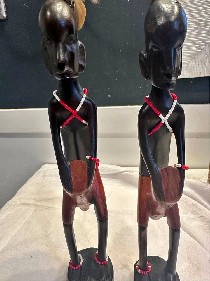 African Hand Carved Figurines with Headress of feathers