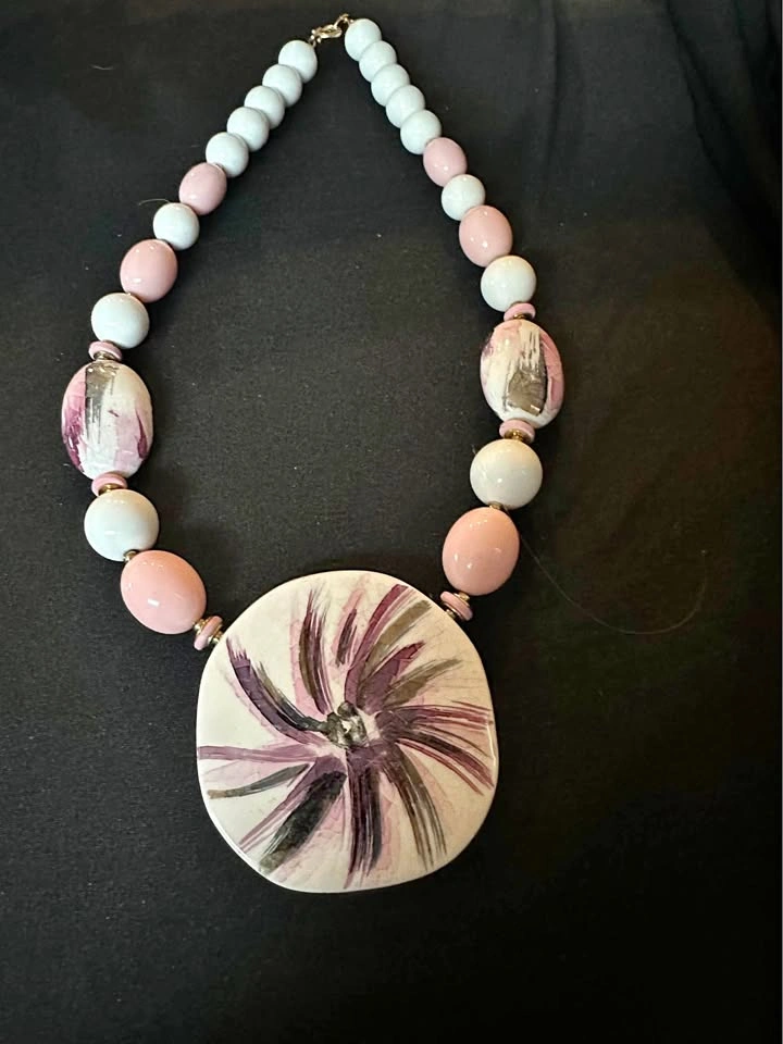 Vintage Japan Floral Ceramic Medallion Necklace