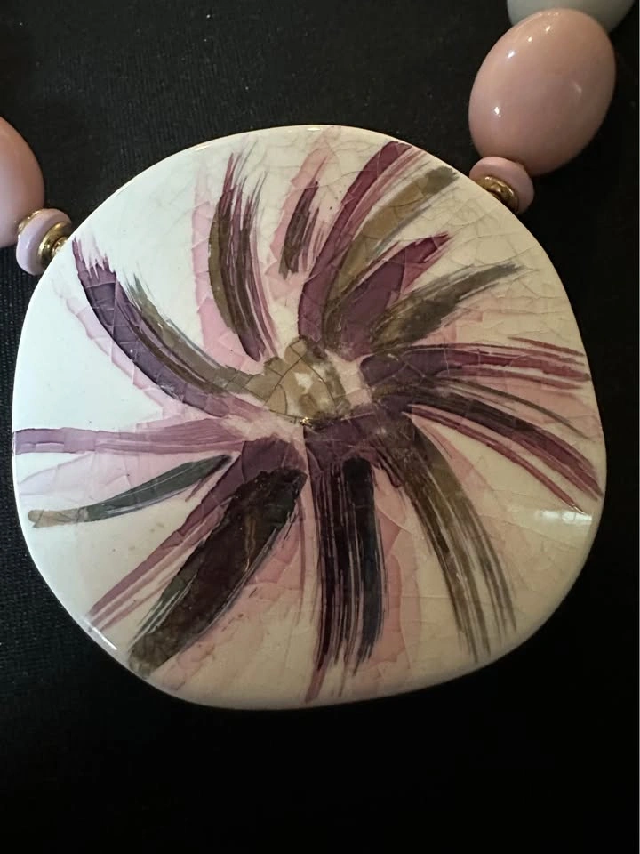 Vintage Japan Floral Ceramic Medallion Necklace - photo 2