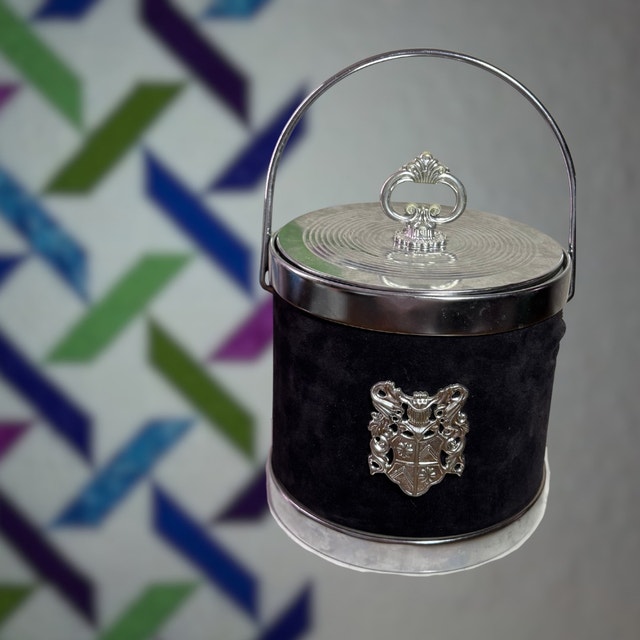 Vintage 1970s Black Suede & Chrome Ice Bucket – Heraldic Crest
