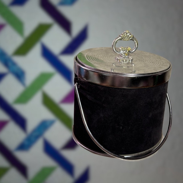 Vintage 1970s Black Suede & Chrome Ice Bucket – Heraldic Crest - photo 2