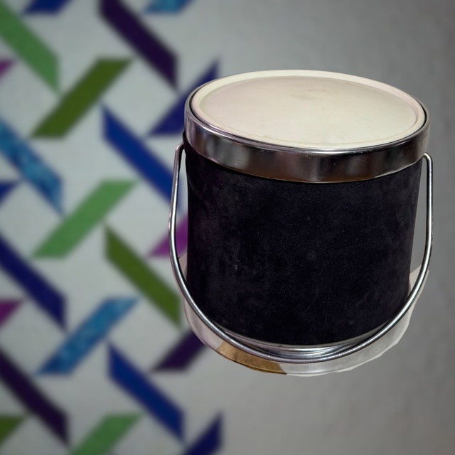 Vintage 1970s Black Suede & Chrome Ice Bucket – Heraldic Crest - photo 3