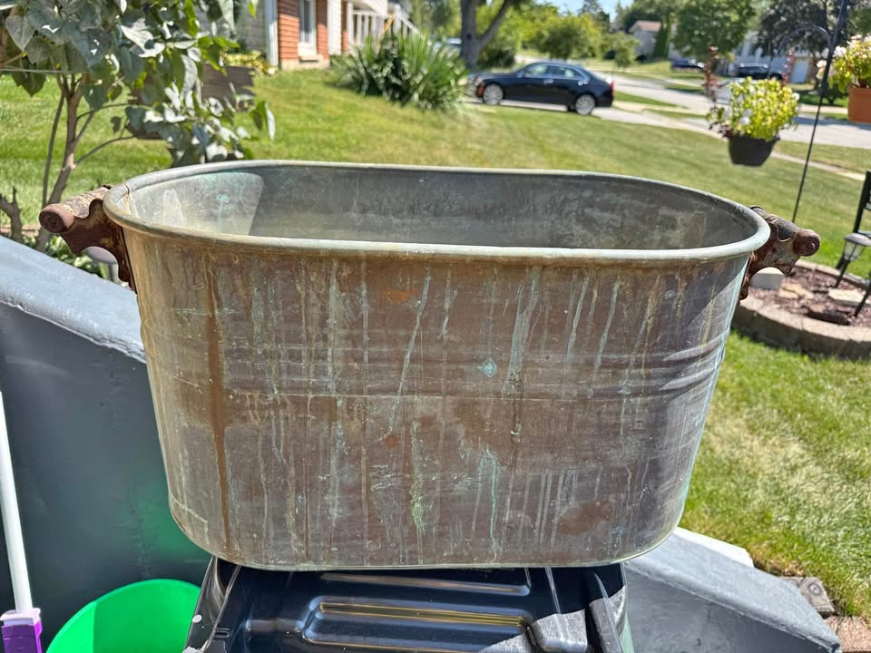 Antique hand wrought copper boiler wash tub