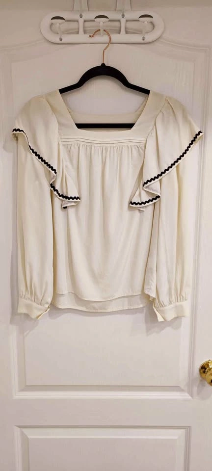 Cream Blouse Square Neck Ruffle Rickrack Trim, medium