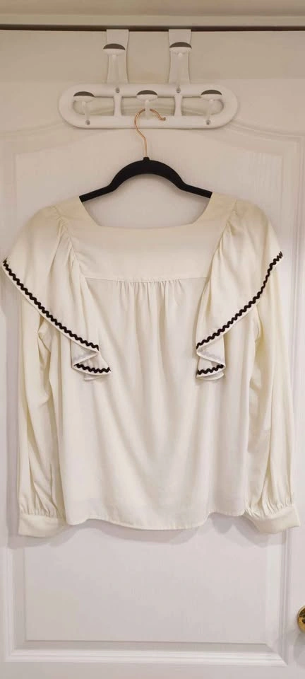 Cream Blouse Square Neck Ruffle Rickrack Trim, medium - photo 2