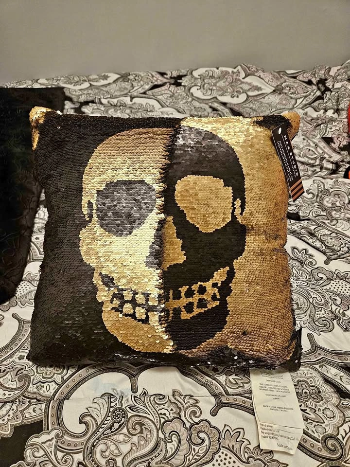 Halloween Skull Pillow Reversible Black and Gold Sequins