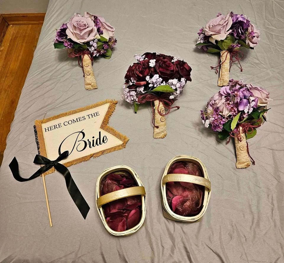 Plum Purple Bridesmaid Wedding Bouquets Flower Girl Baskets
