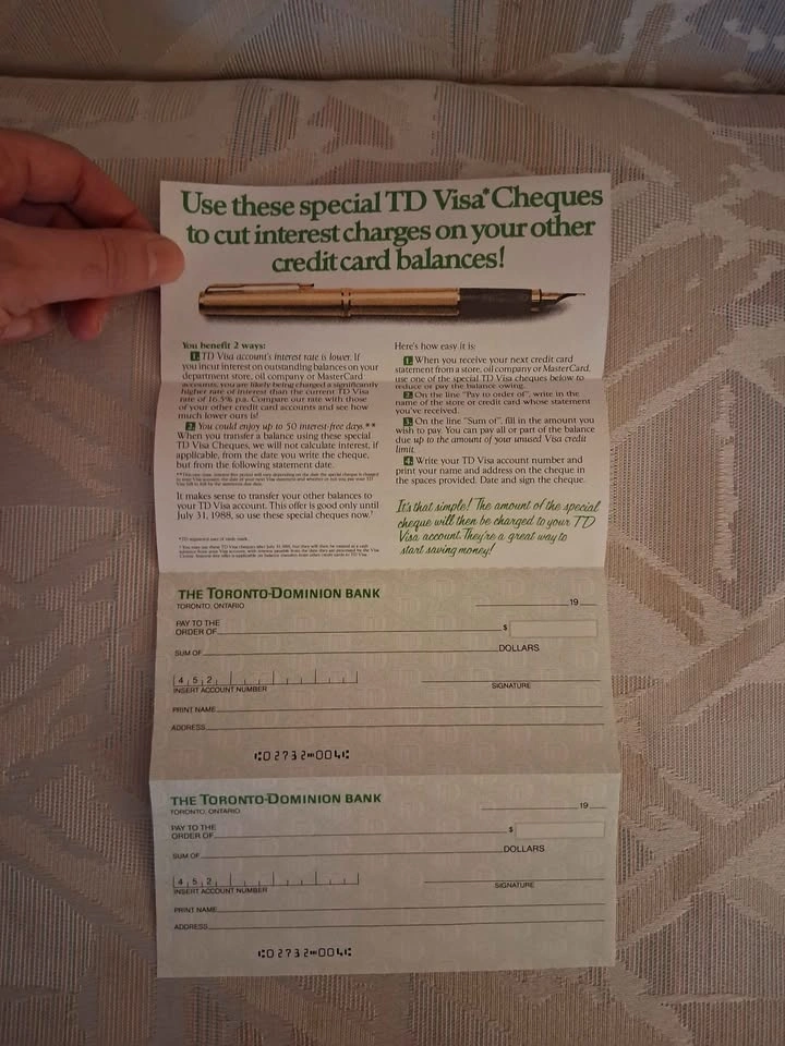 Vintage 1988 TD Bank Flyer with TD Visa Cheques - photo 2