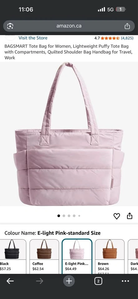 Pink Puffy Tote Bag Lightweight Quilted Standard Size