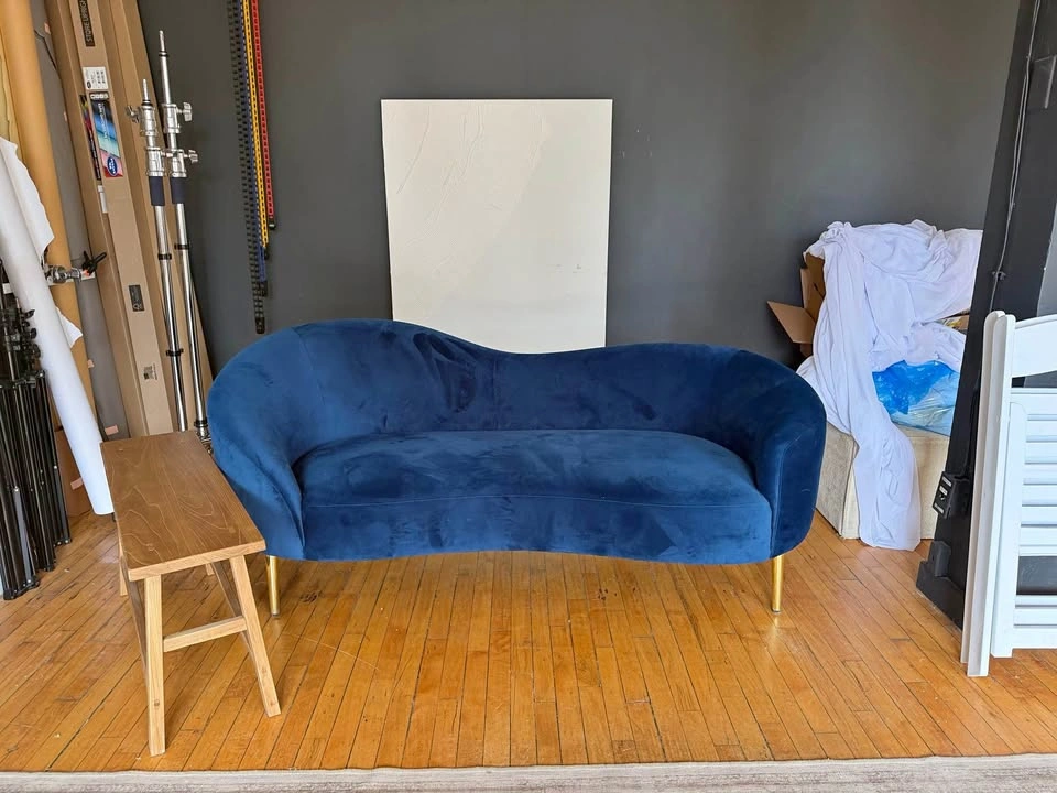 Blue Velvet Curved Loveseat