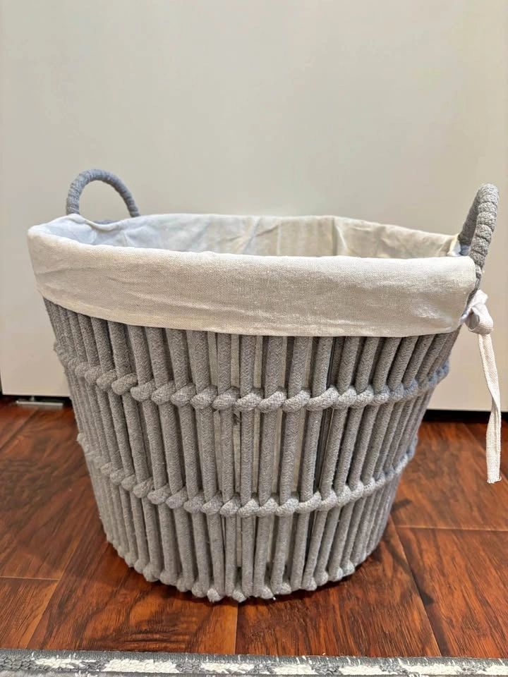 Gray Rope Storage Basket with White Cotton Lining
