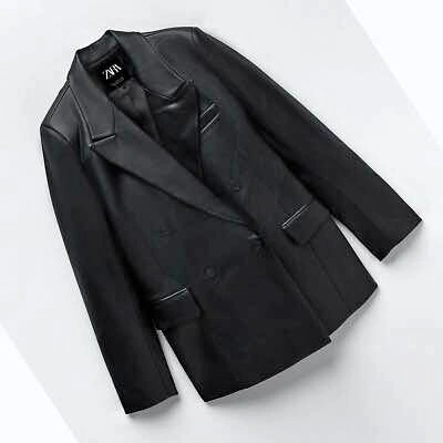 Zara Black Faux Leather Double-Breasted Blazer Jacket XS