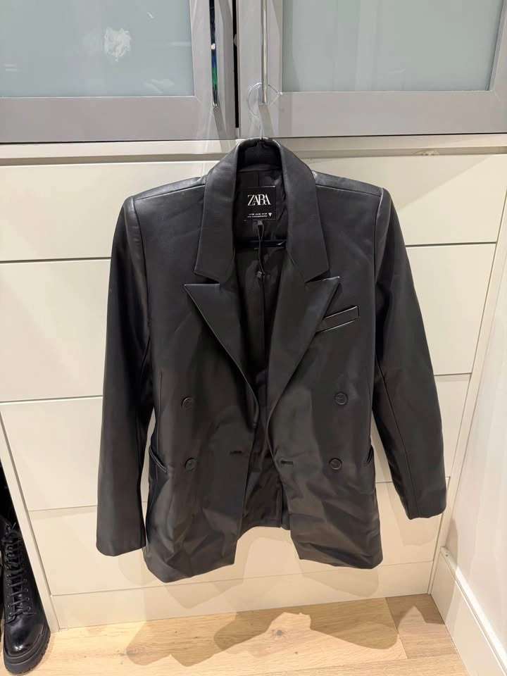Zara Black Faux Leather Double-Breasted Blazer Jacket XS - photo 4