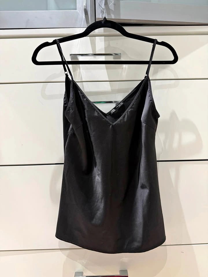 Zara Black Satin Effect V-Neck Cami - Size Small