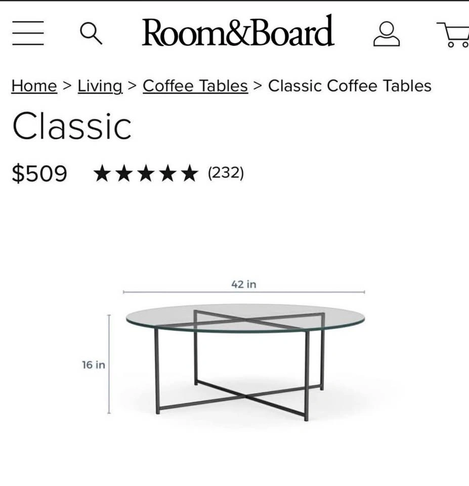 Room & Board Classic Glass Round Coffee Table - Black Iron