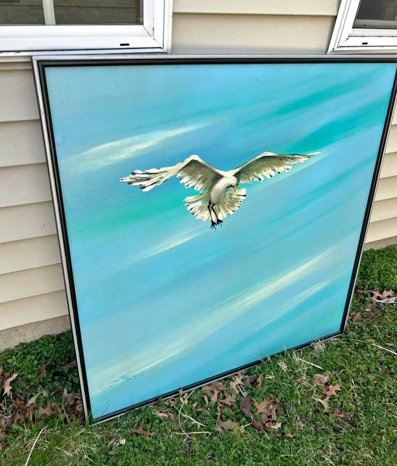 Huge Painting Signed Seagull Art framed Vintage 37” x 37”