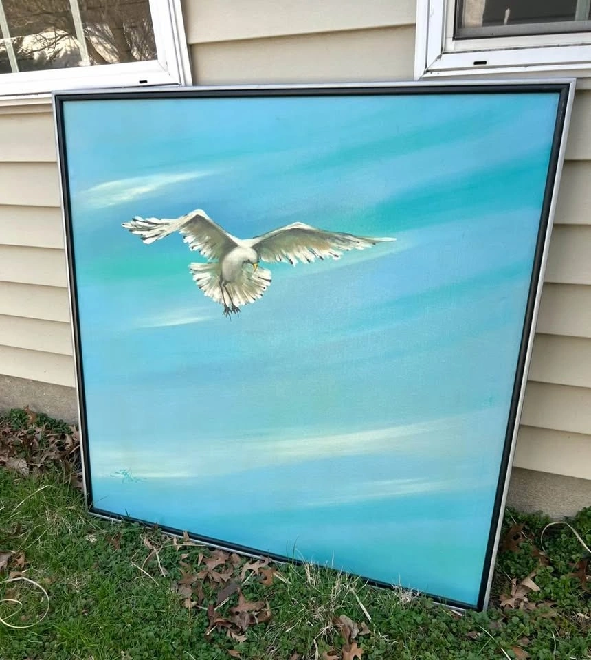 Huge Painting Signed Seagull Art framed Vintage 37” x 37” - photo 3