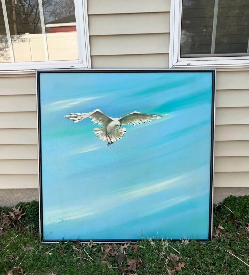 Huge Painting Signed Seagull Art framed Vintage 37” x 37” - photo 4
