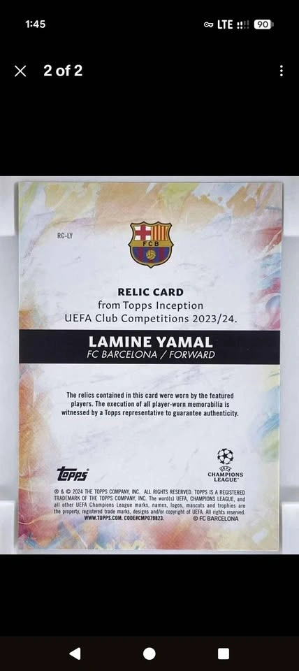 Topps Inception Lamine Yamal Relic Rookie Card #001/200 - photo 2