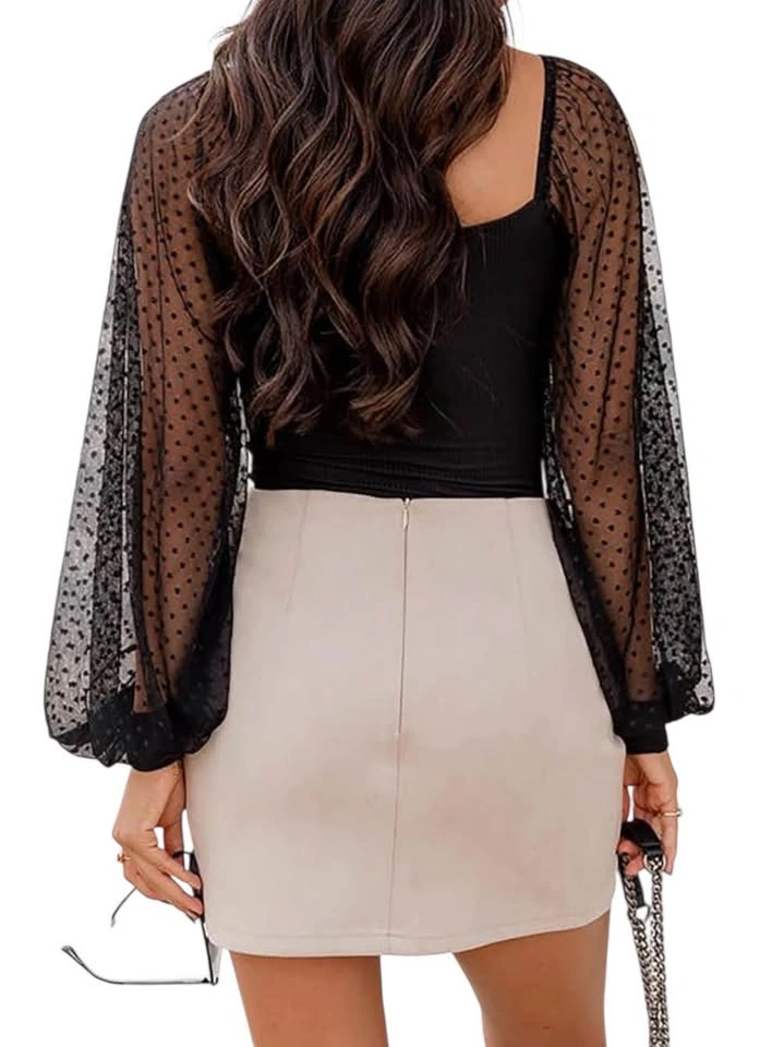 Vici Black Swiss Dot Mesh Balloon Sleeve Ribbed Bodysuit XL - photo 3