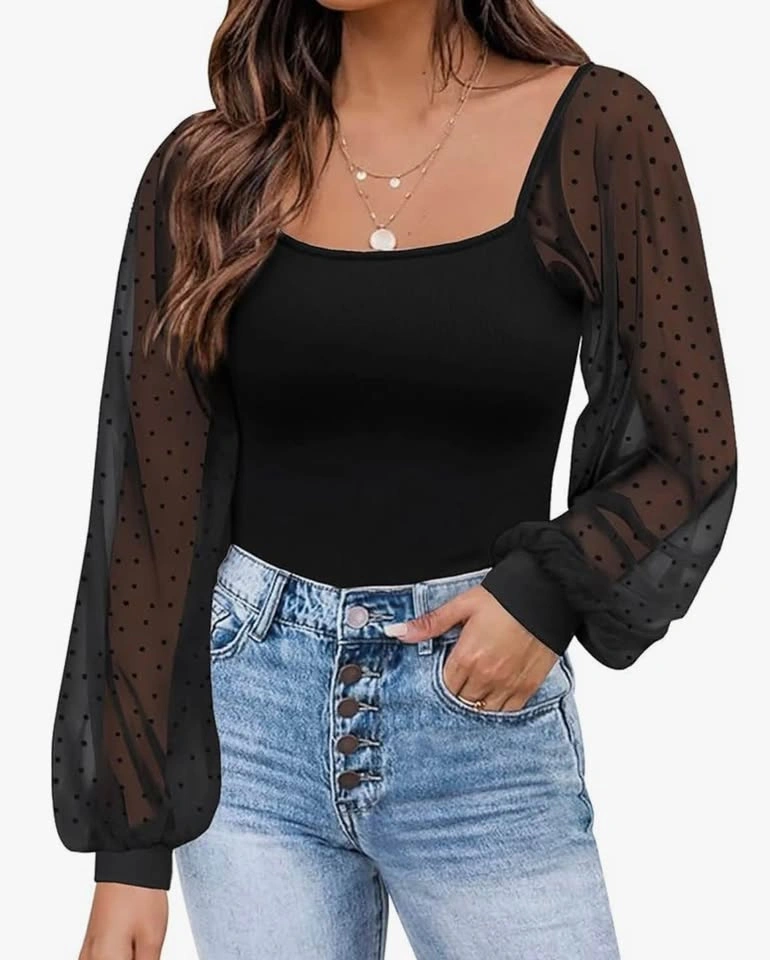 Vici Black Swiss Dot Mesh Balloon Sleeve Ribbed Bodysuit XL - photo 5