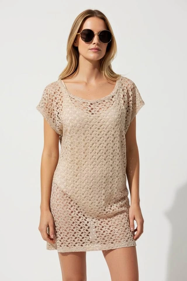 Cover Me Crochet Knit Swim Cover Up Dress Small Beige Metallic S