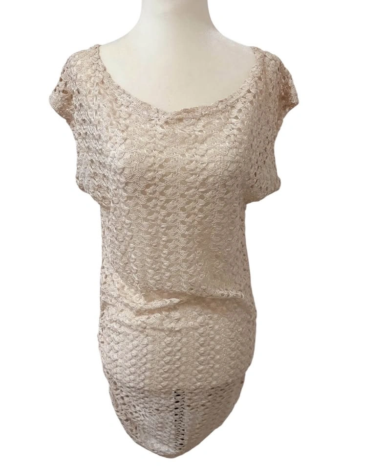 Cover Me Crochet Knit Swim Cover Up Dress Small Beige Metallic S - photo 2