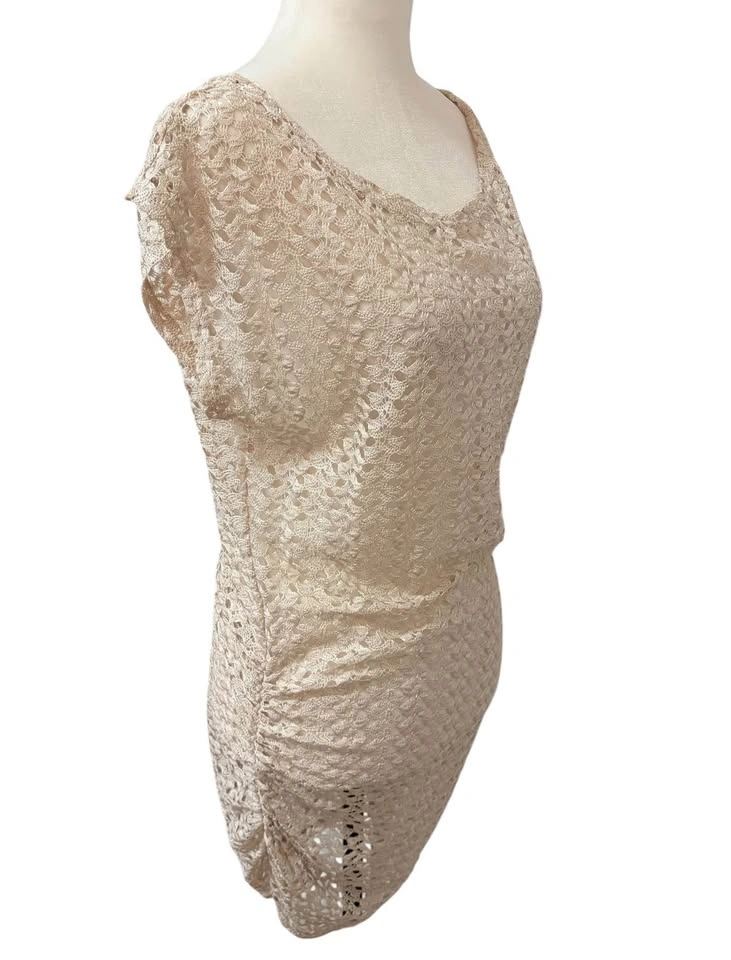 Cover Me Crochet Knit Swim Cover Up Dress Small Beige Metallic S - photo 5