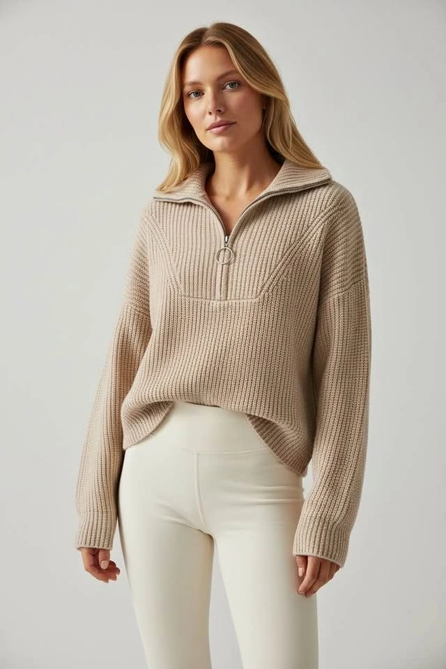 George Womens Quarter Zip Ribbed Knit Sweater Size Large Beige O