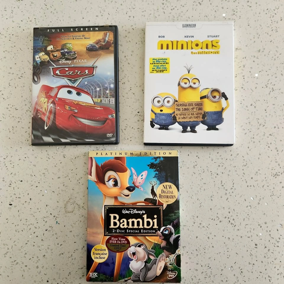 Animated DVDs: Bambi, Cars, Minions