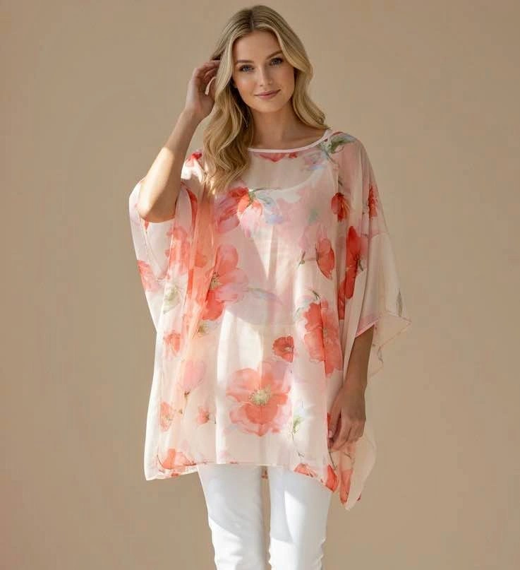 Belle Dame Floral Poncho 2 Piece Set Size L Coral Peach Sheer La