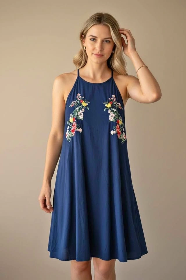 Alya Navy Blue Floral Embroidered Halter Mini Dress - Medium