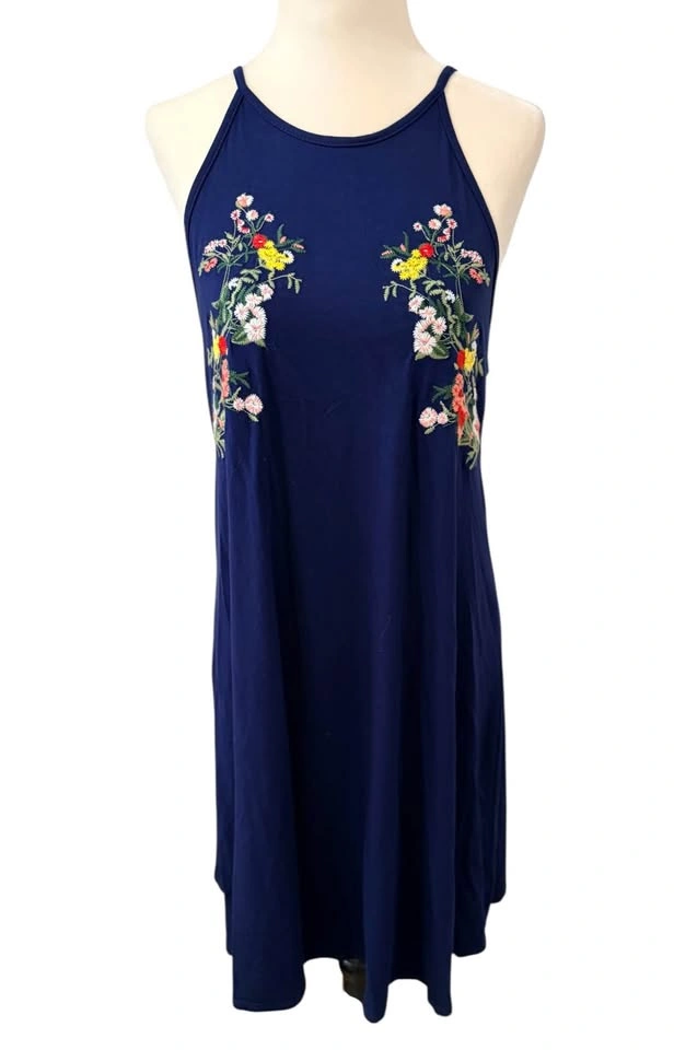 Alya Navy Blue Floral Embroidered Halter Mini Dress - Medium - photo 2