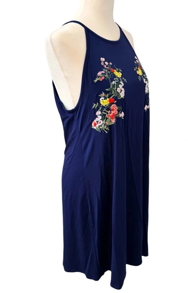 Alya Navy Blue Floral Embroidered Halter Mini Dress - Medium - photo 5