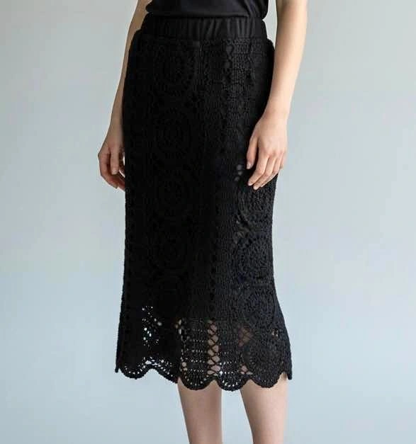 Nine West Black Crochet Midi Skirt XS Ramie Cotton Scalloped Boh