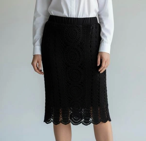 Nine West Black Crochet Midi Skirt XS Ramie Cotton Scalloped Boh - photo 2