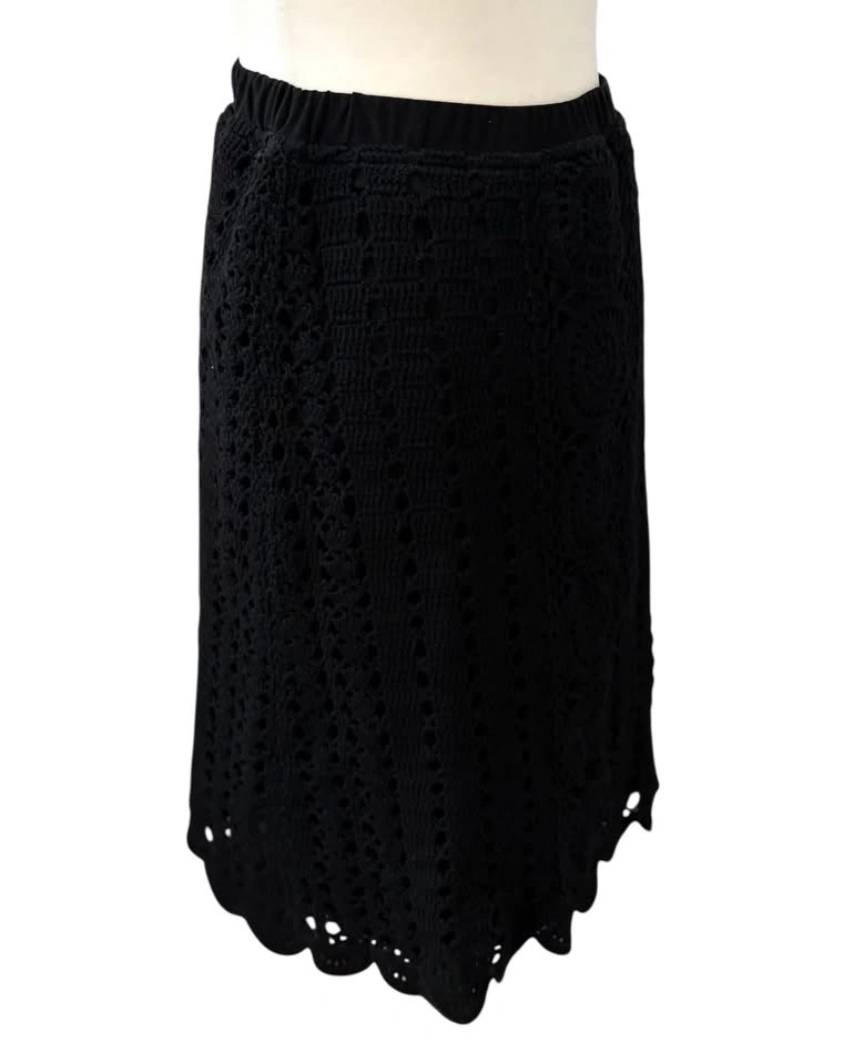 Nine West Black Crochet Midi Skirt XS Ramie Cotton Scalloped Boh - photo 3