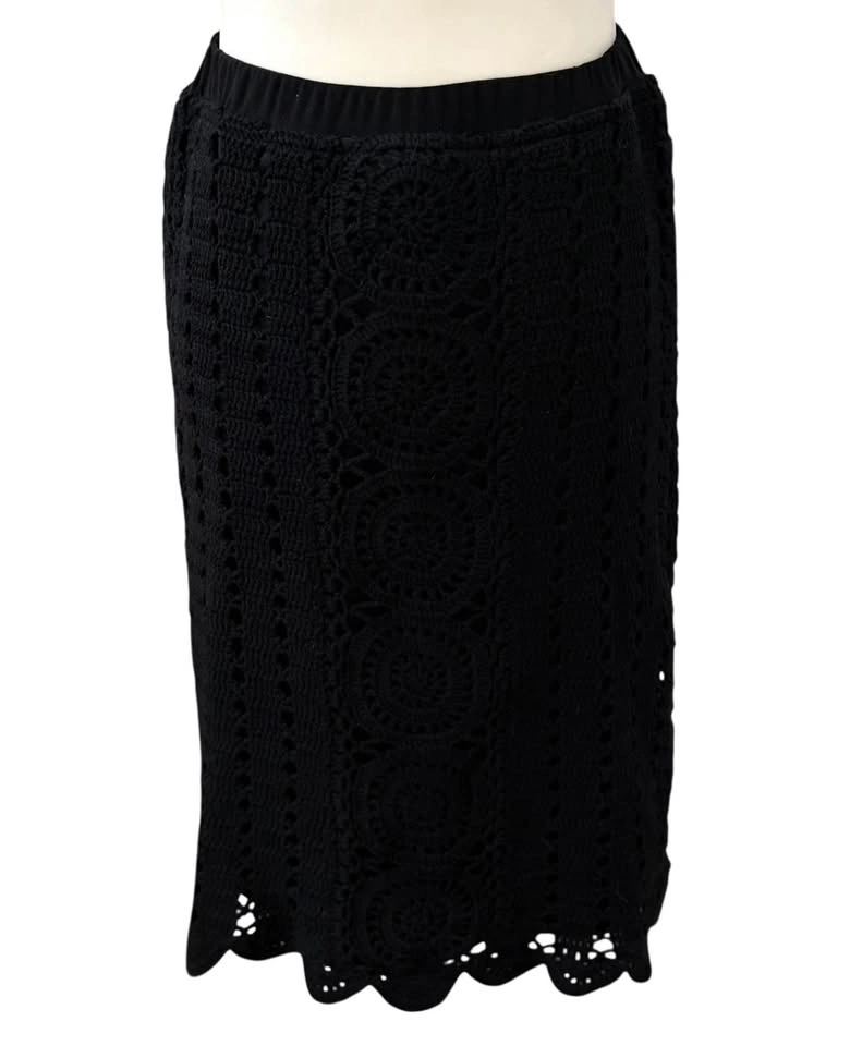 Nine West Black Crochet Midi Skirt XS Ramie Cotton Scalloped Boh - photo 4