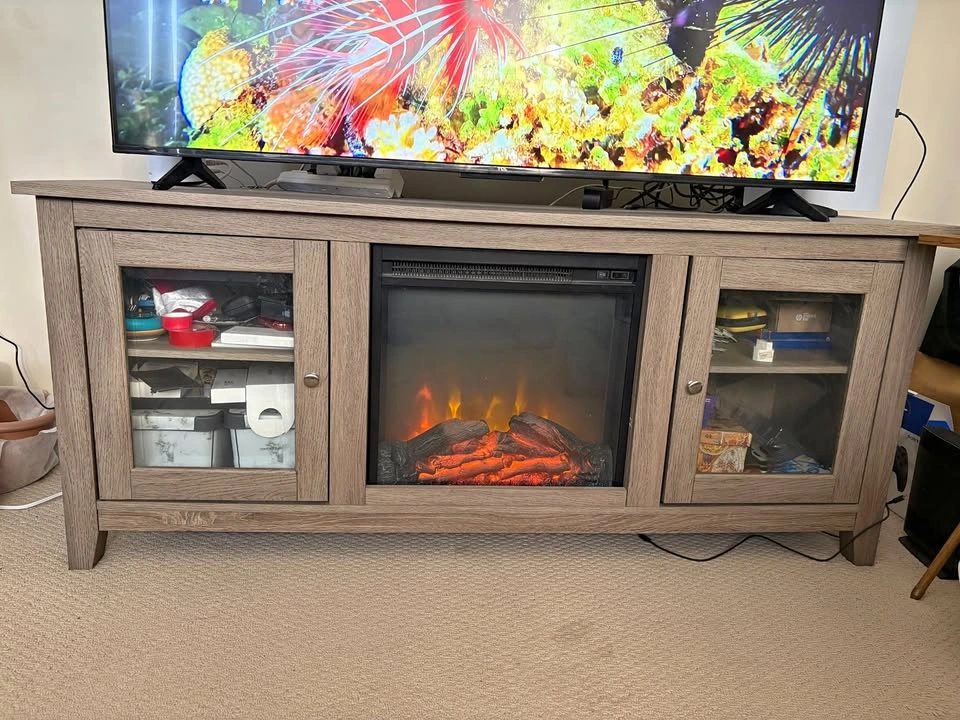 TV Stand with Electric Fireplace + Heater – Excellent Condition