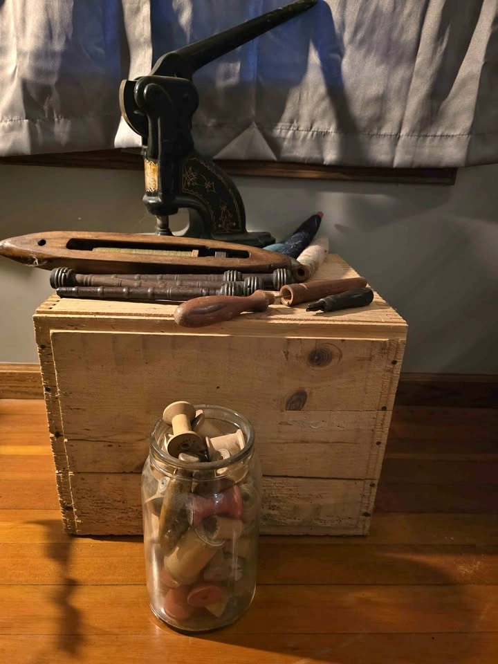 Antique rivet machine, shuttle, industrial spools & more. One mo