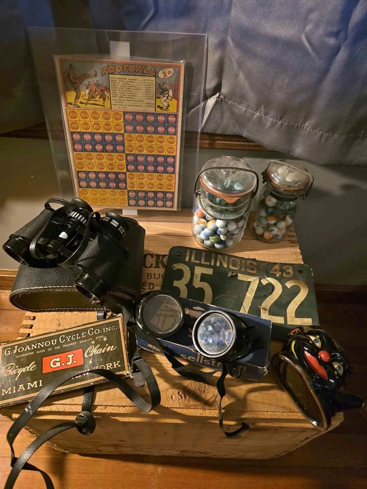 Vintage Lot: Marbles, Goggles, Binoculars, Punch Card, WWII Plat