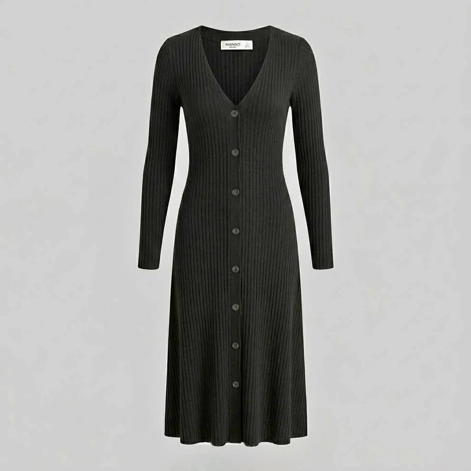 MANGO CASUAL Black Ribbed Knit Button Down Midi Dress - Women's