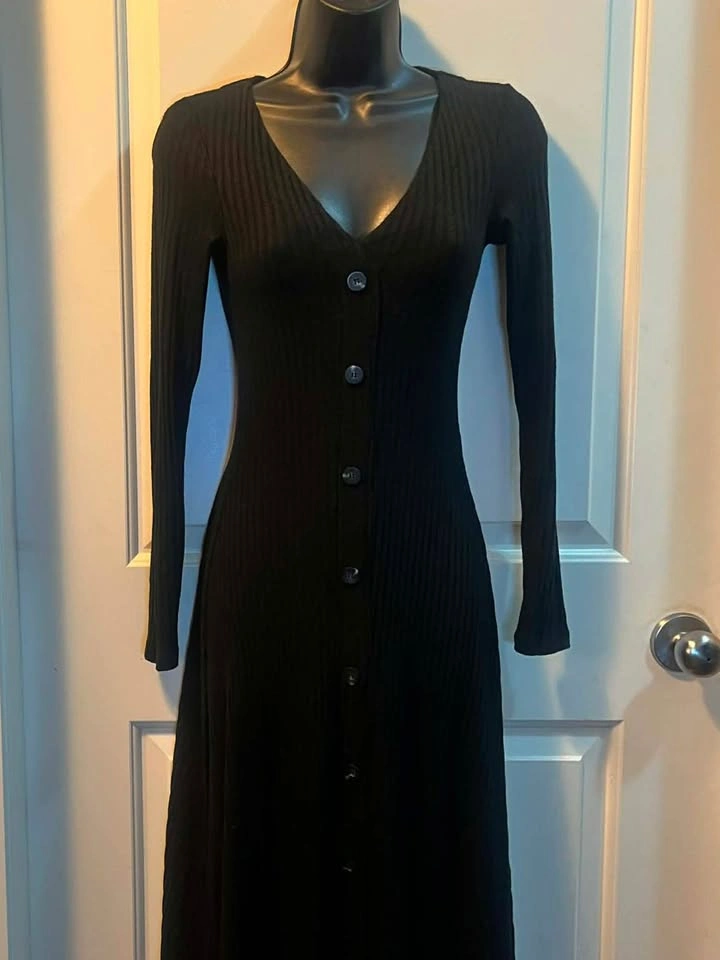 MANGO CASUAL Black Ribbed Knit Button Down Midi Dress - Women's - photo 3