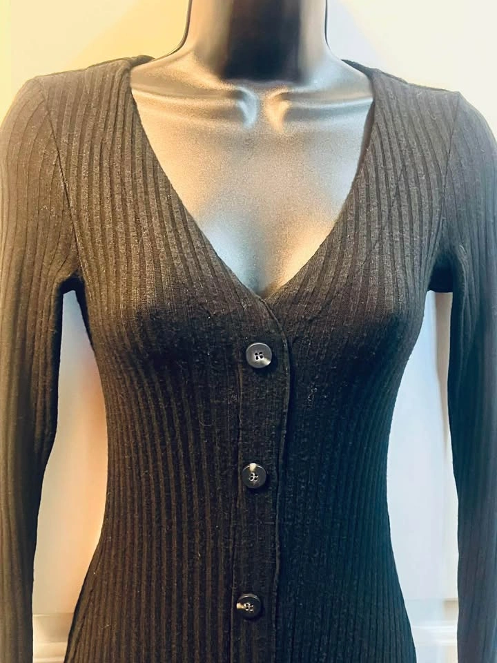 MANGO CASUAL Black Ribbed Knit Button Down Midi Dress - Women's - photo 5