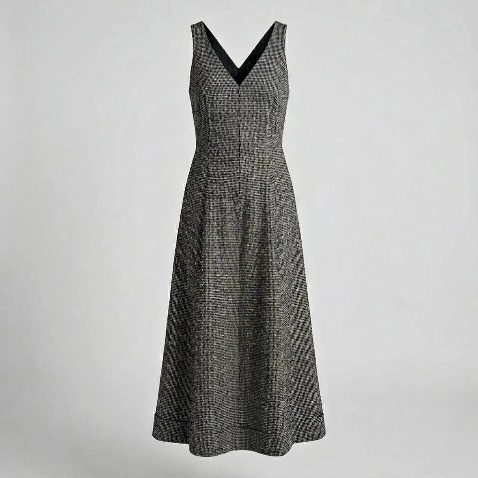 Mango MNG Tweed Check Sleeveless Maxi Dress V-Neck Black White S