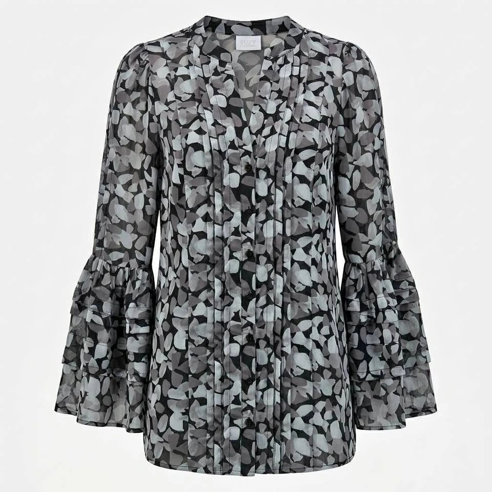 Suzy Shier Abstract Print Bell Sleeve Blouse Grey Black Size S